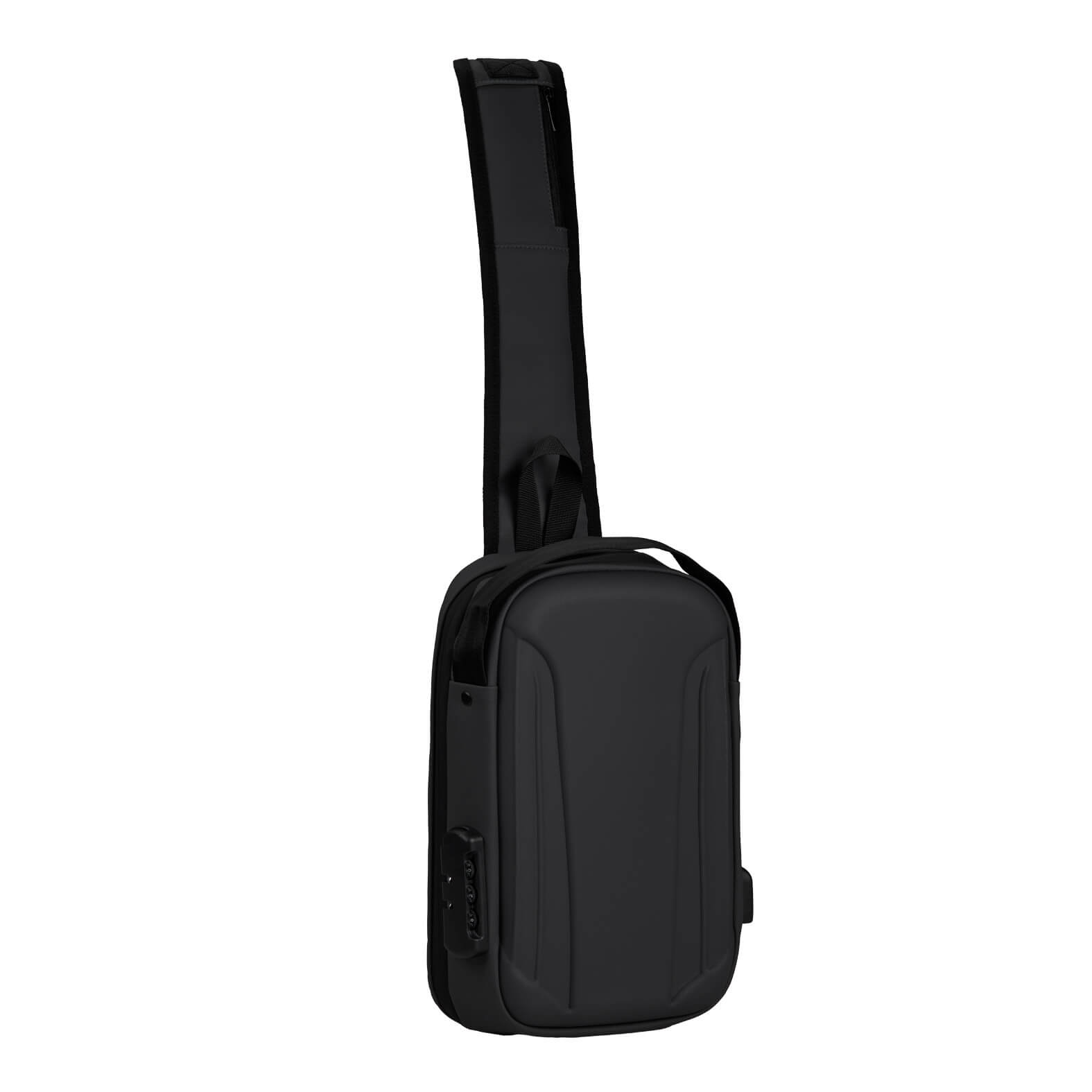 Bolsa de hombro con carcasa dura, compartimento principal de apertura 360°, puerto USB, organizador interno, candado de seguridad, asa superior, tirante con bolsillo con cierre, correa ajustable y respaldo rígido con bolsillo con cierre.

Material: Poli2