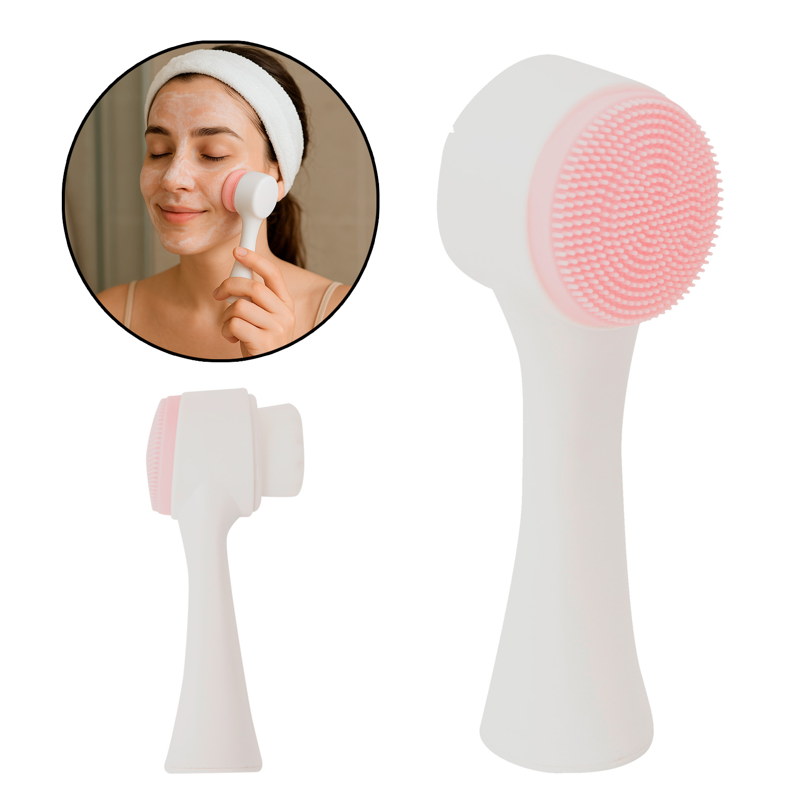  Cepillo limpiador facial de doble cara con mango ergonómico